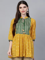 Ahalyaa Mustard Yellow & Green Printed A-Line Tunic | Grocsy