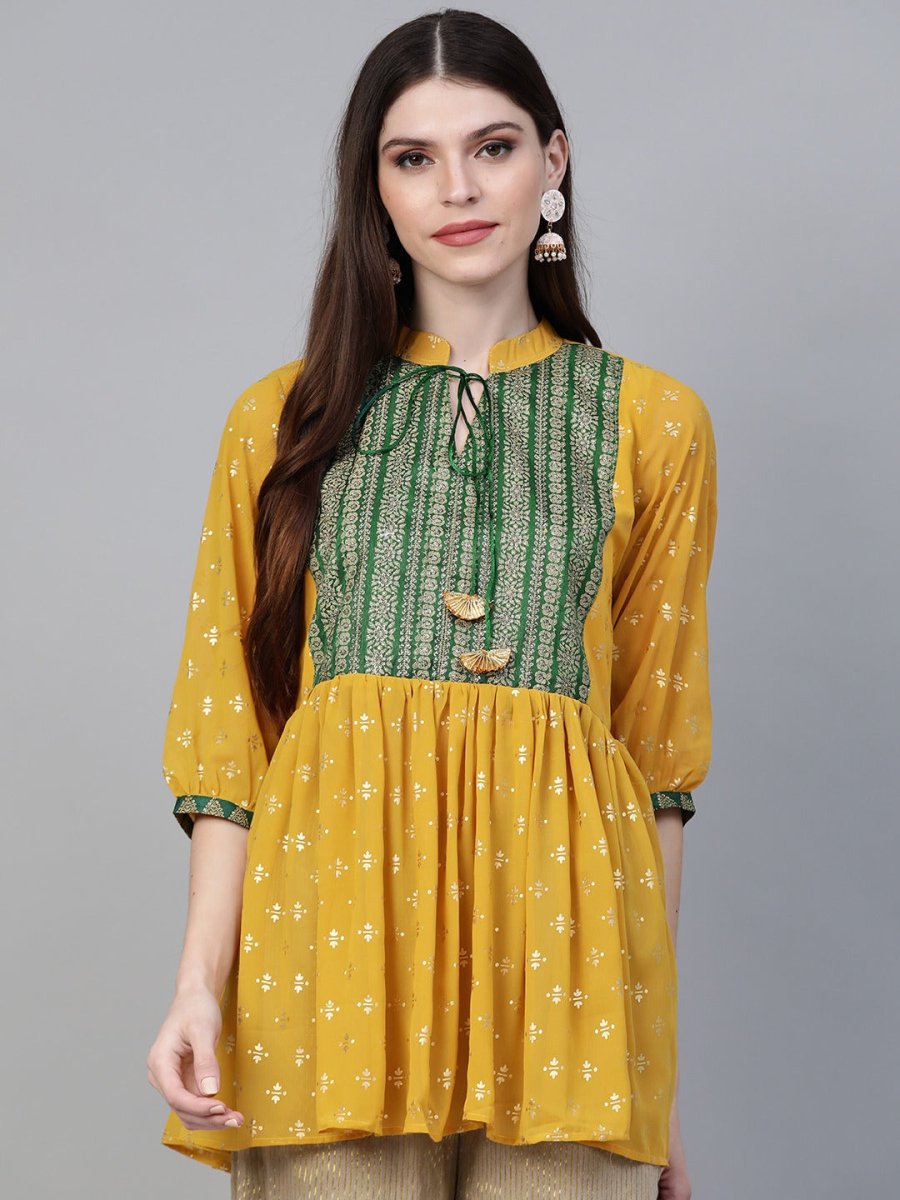 Ahalyaa Mustard Yellow & Green Printed A-Line Tunic | Grocsy