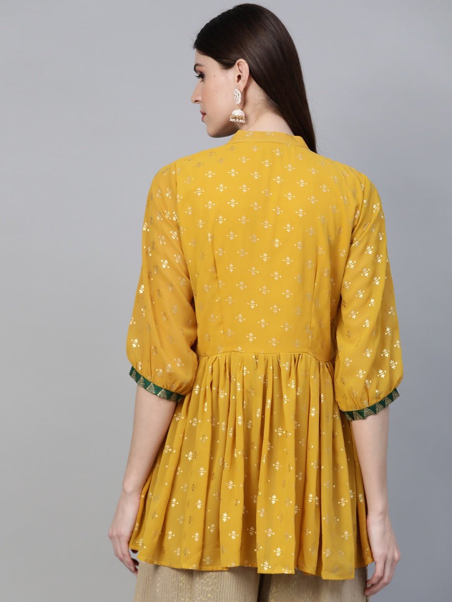Ahalyaa Mustard Yellow & Green Printed A-Line Tunic | Grocsy