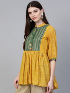 Ahalyaa Mustard Yellow & Green Printed A-Line Tunic | Grocsy