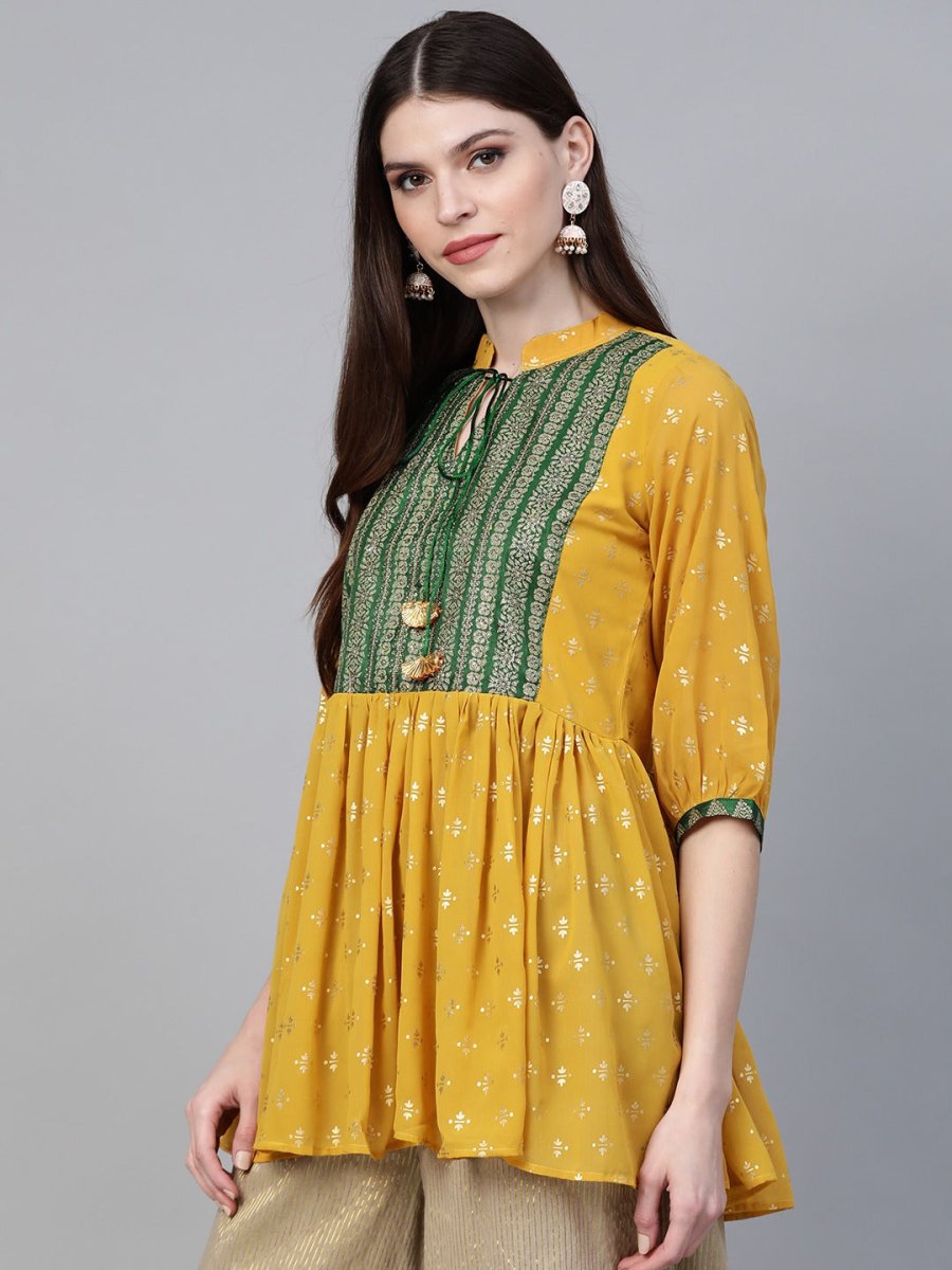 Ahalyaa Mustard Yellow & Green Printed A-Line Tunic | Grocsy