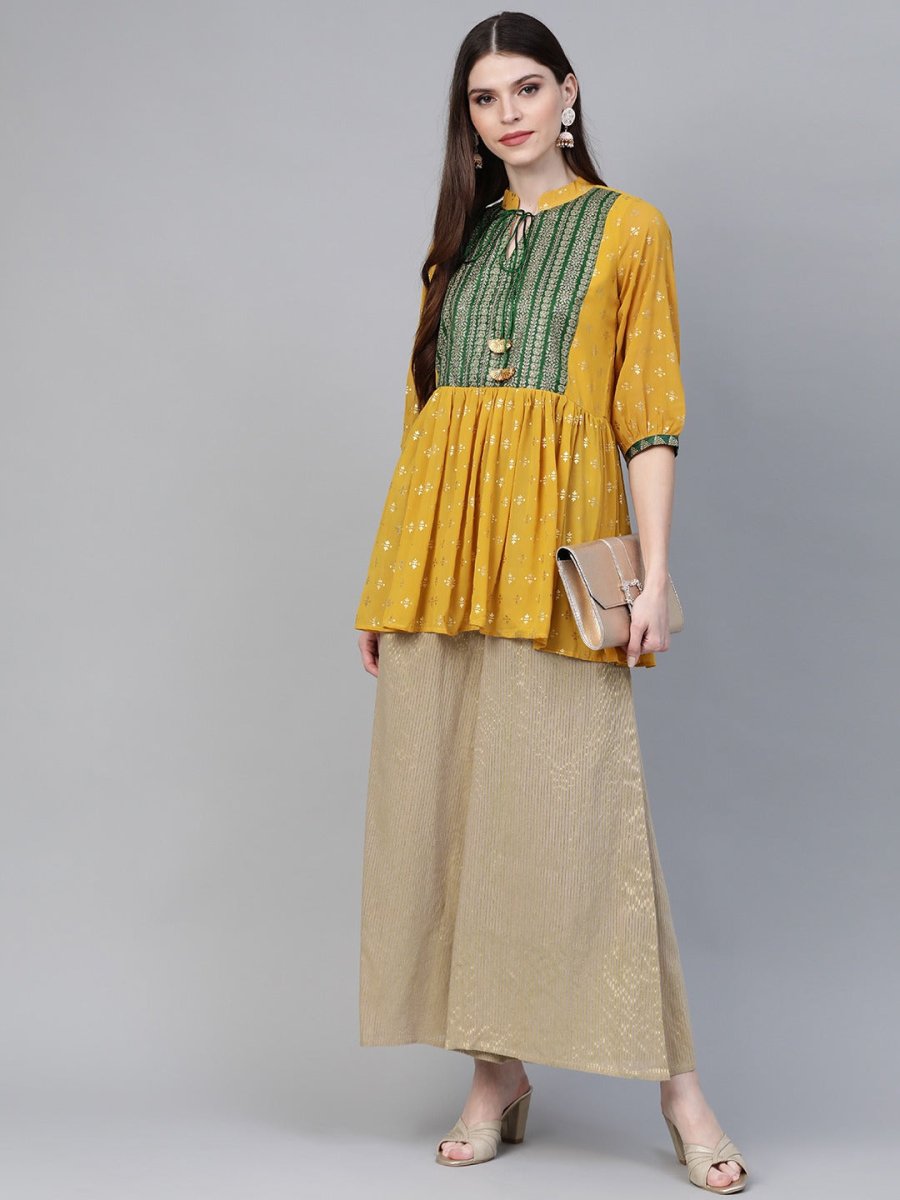 Ahalyaa Mustard Yellow & Green Printed A-Line Tunic | Grocsy