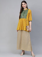 Ahalyaa Mustard Yellow & Green Printed A-Line Tunic | Grocsy