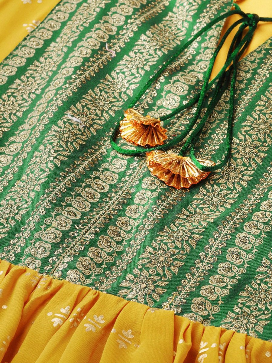 Ahalyaa Mustard Yellow & Green Printed A-Line Tunic | Grocsy