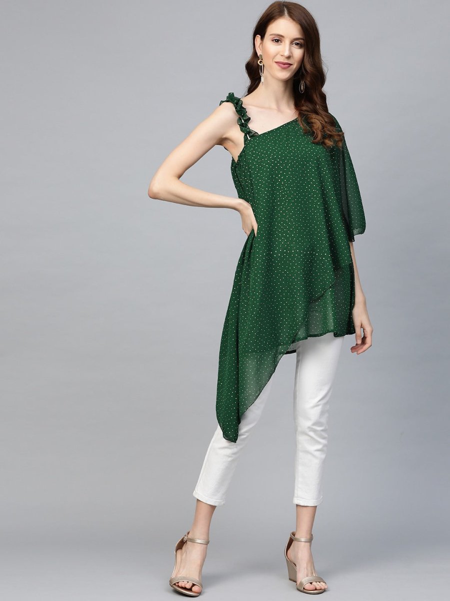 Ahalyaa Women One Shoulder Green Printed Beautiful Tunic | Grocsy