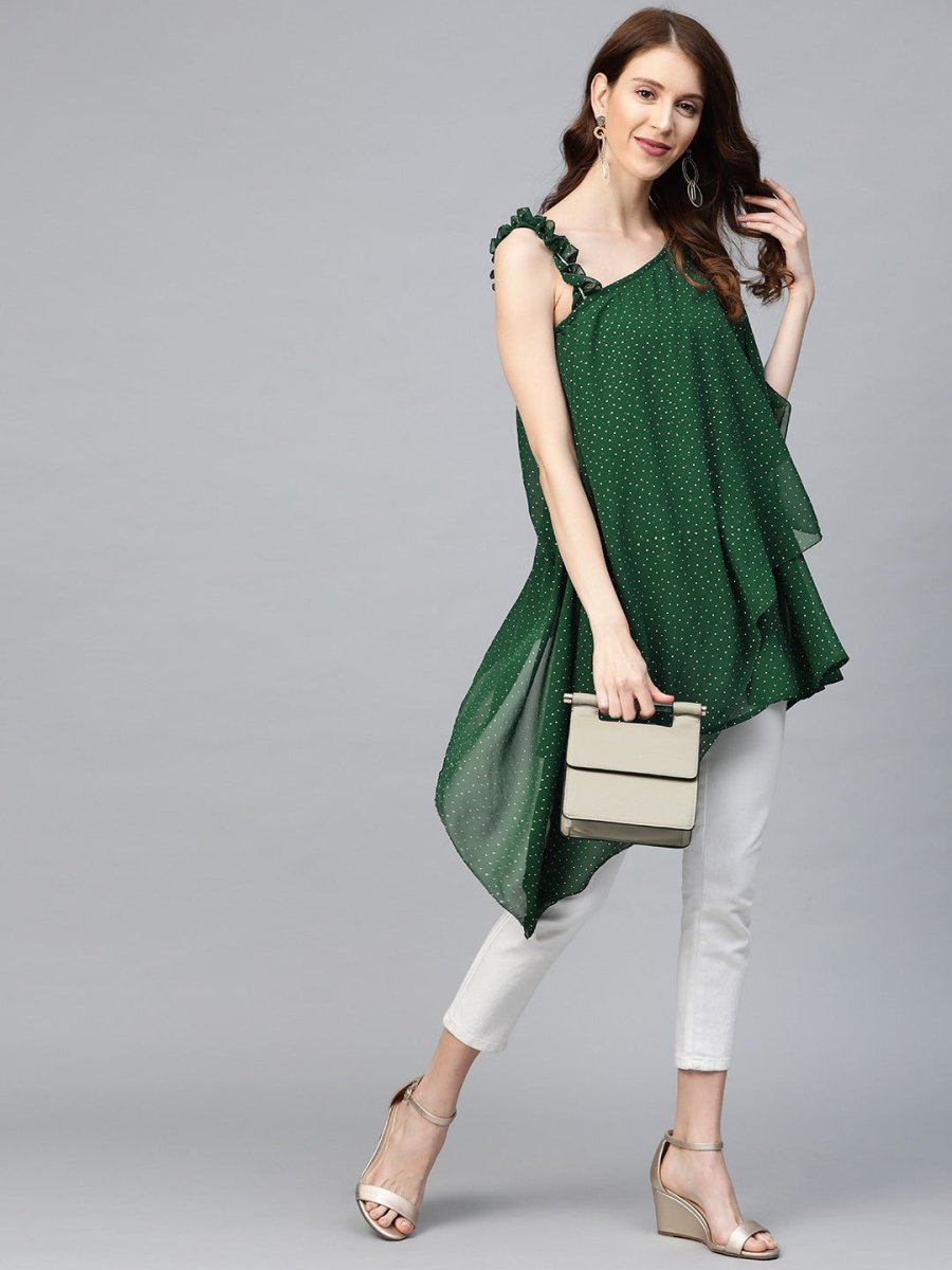 Ahalyaa Women One Shoulder Green Printed Beautiful Tunic | Grocsy