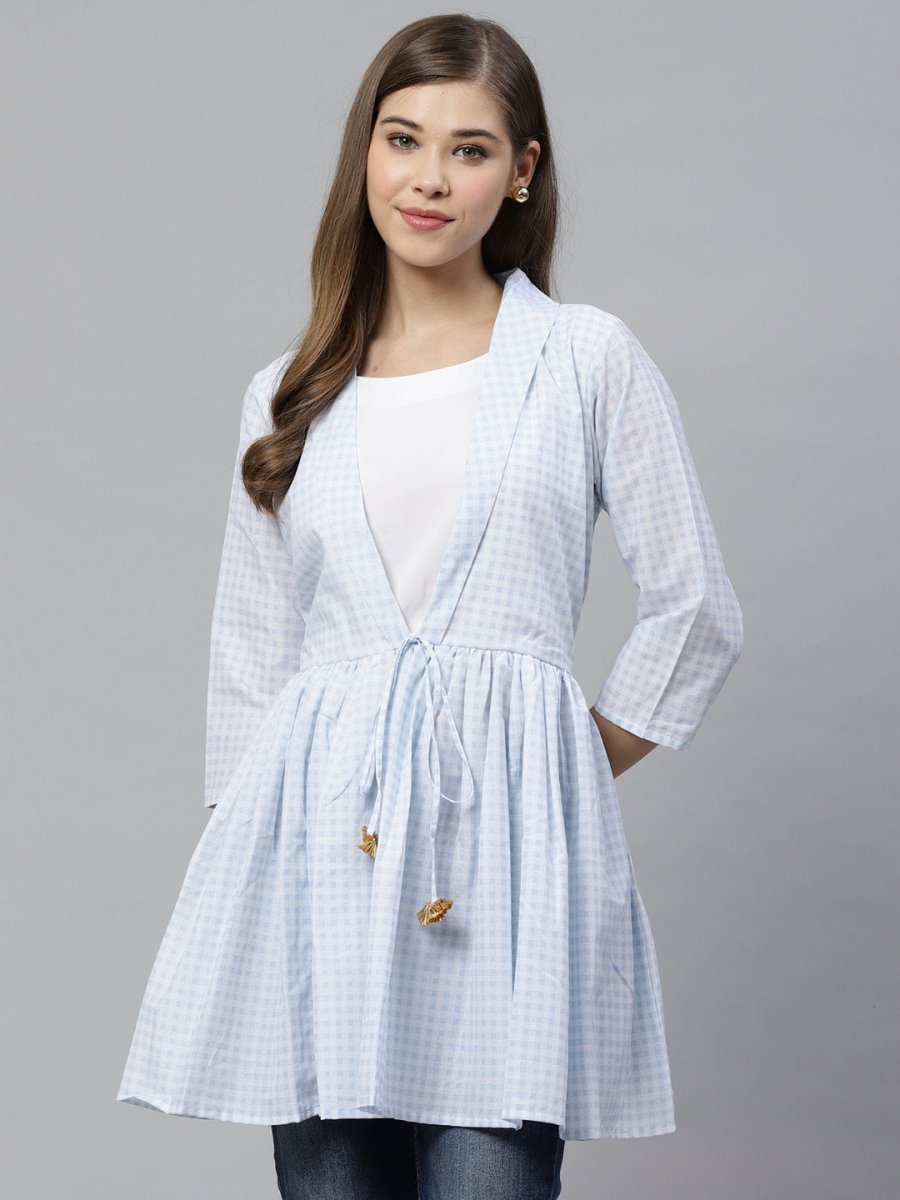 Ahalyaa Blue & White Checked Waist Tie-Up Tunic | Grocsy