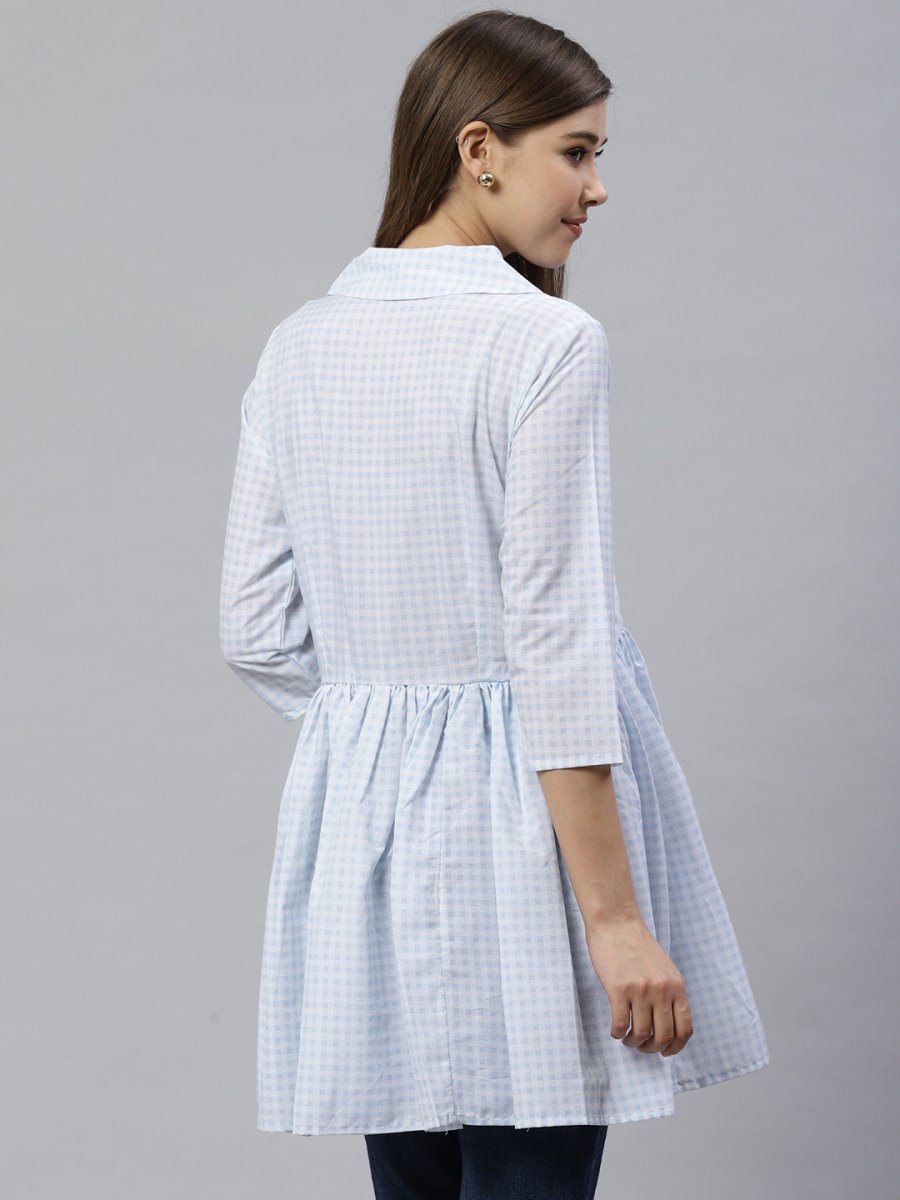 Ahalyaa Blue & White Checked Waist Tie-Up Tunic | Grocsy