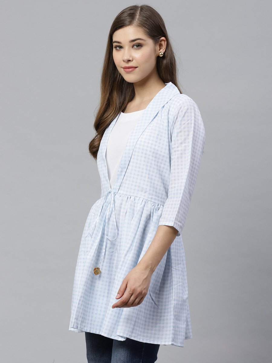 Ahalyaa Blue & White Checked Waist Tie-Up Tunic | Grocsy