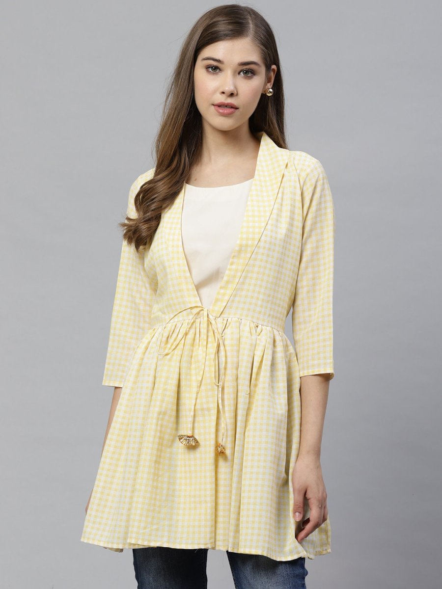 Ahalyaa Yellow & White Checked Waist Tie-Up Tunic | Grocsy