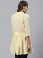 Ahalyaa Yellow & White Checked Waist Tie-Up Tunic | Grocsy