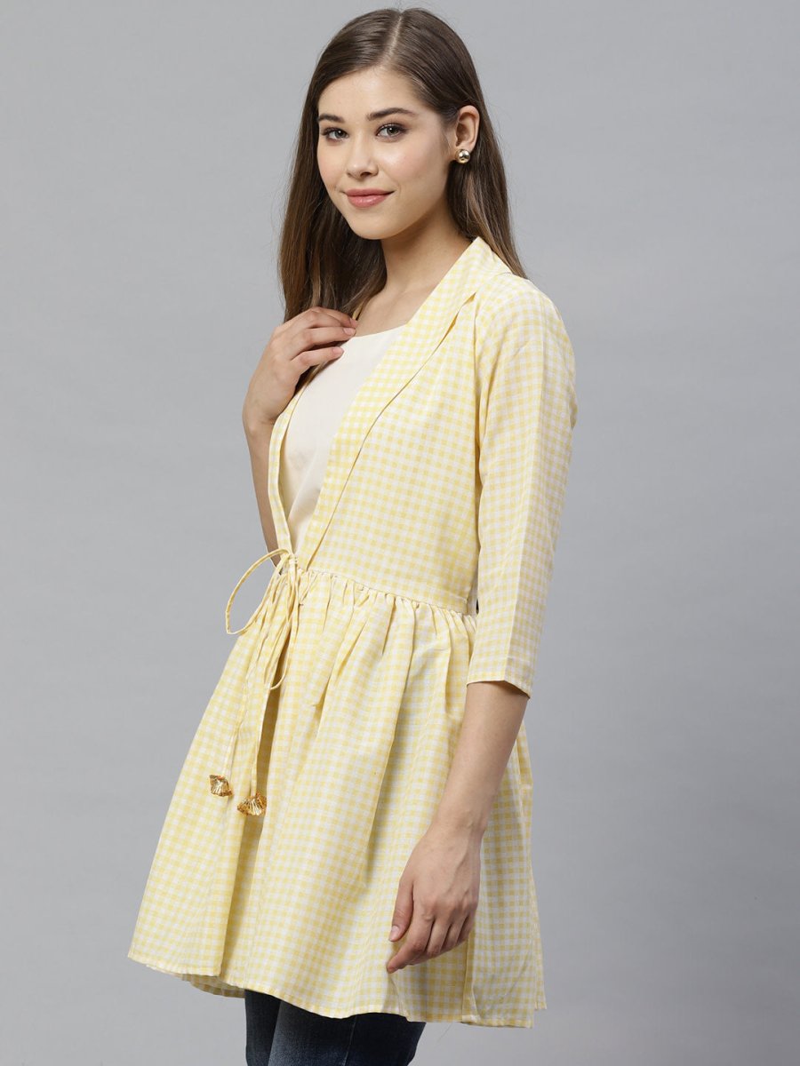 Ahalyaa Yellow & White Checked Waist Tie-Up Tunic | Grocsy