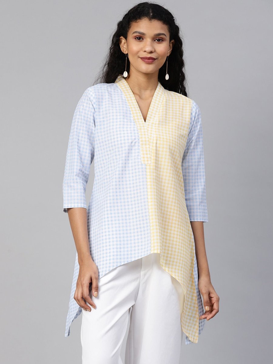Ahalyaa Colour Blocked Printed Checks Tunic | Grocsy
