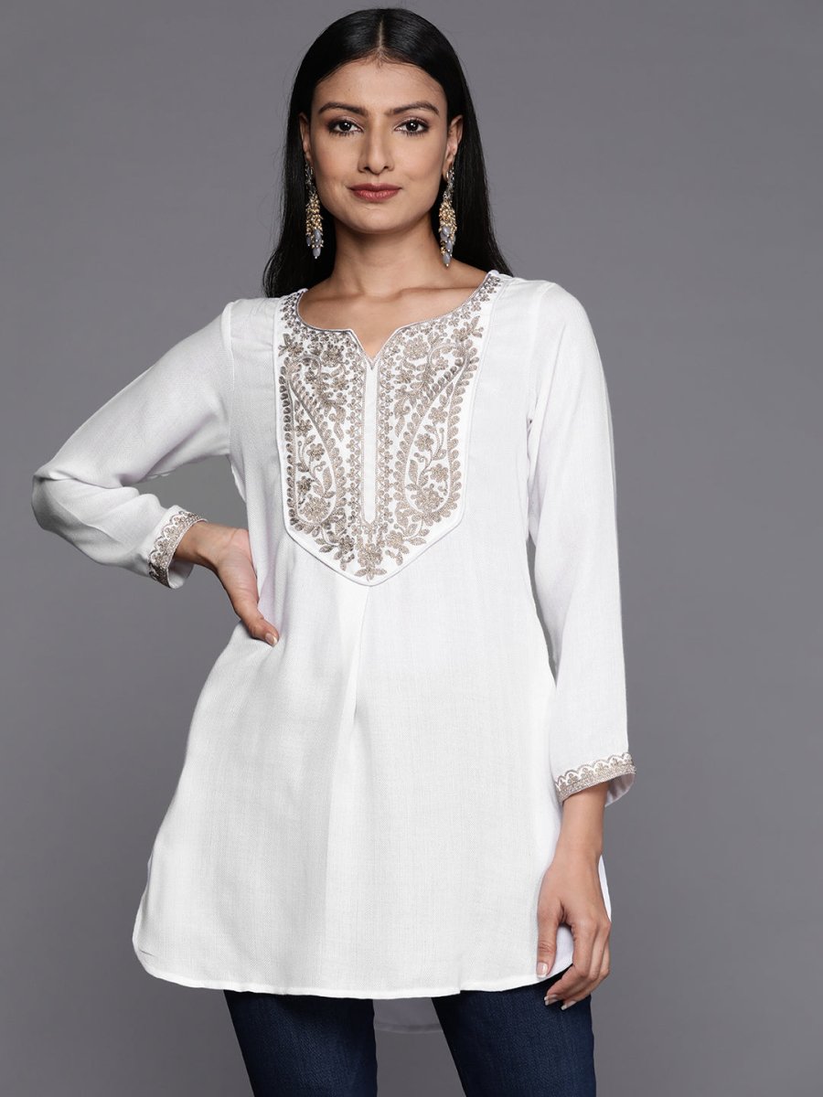 Ahalyaa White Pashmina Embroidered Tunic | Grocsy