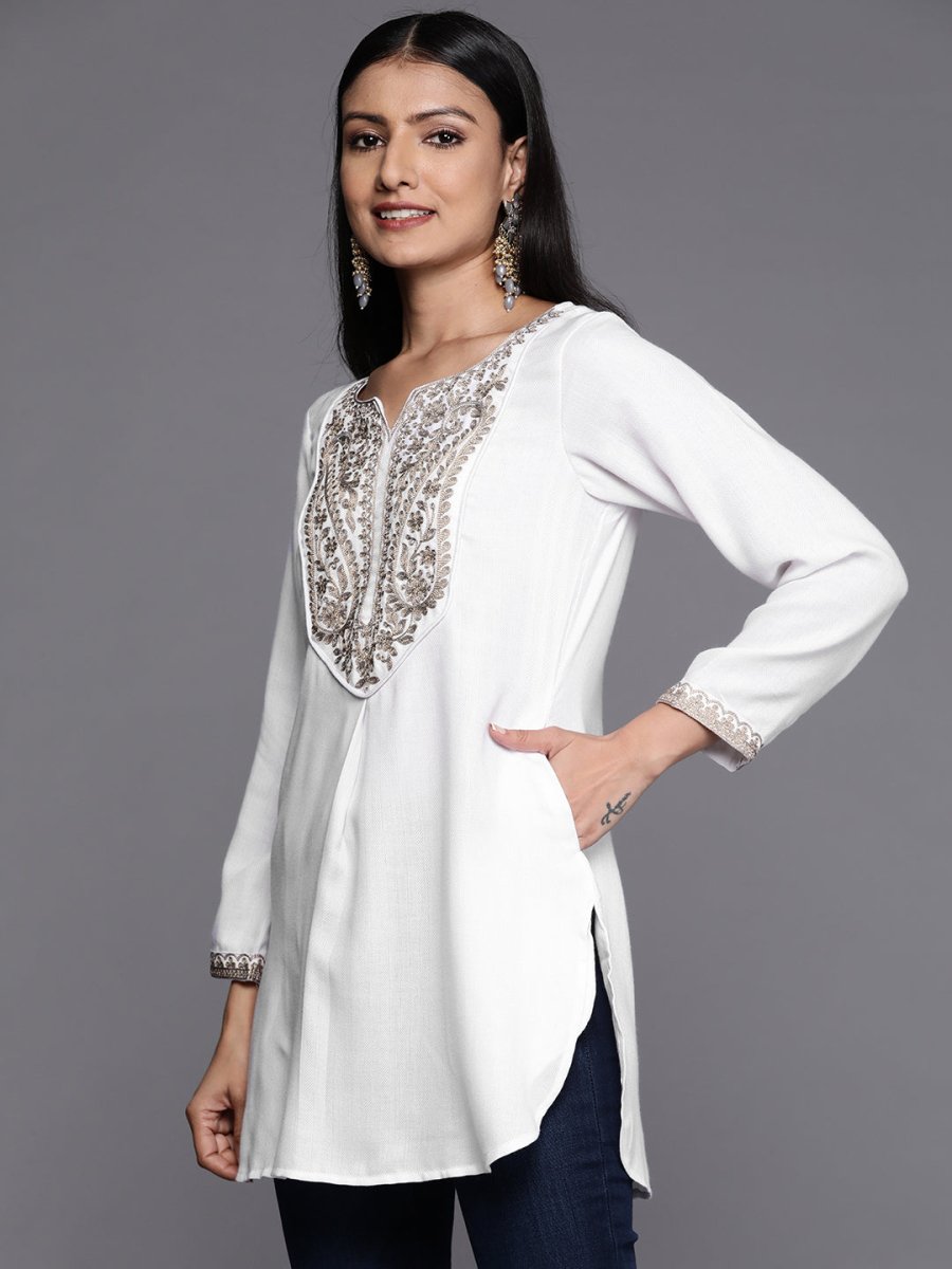 Ahalyaa White Pashmina Embroidered Tunic | Grocsy