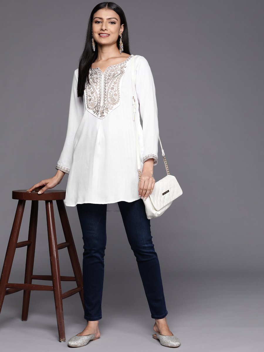 Ahalyaa White Pashmina Embroidered Tunic | Grocsy