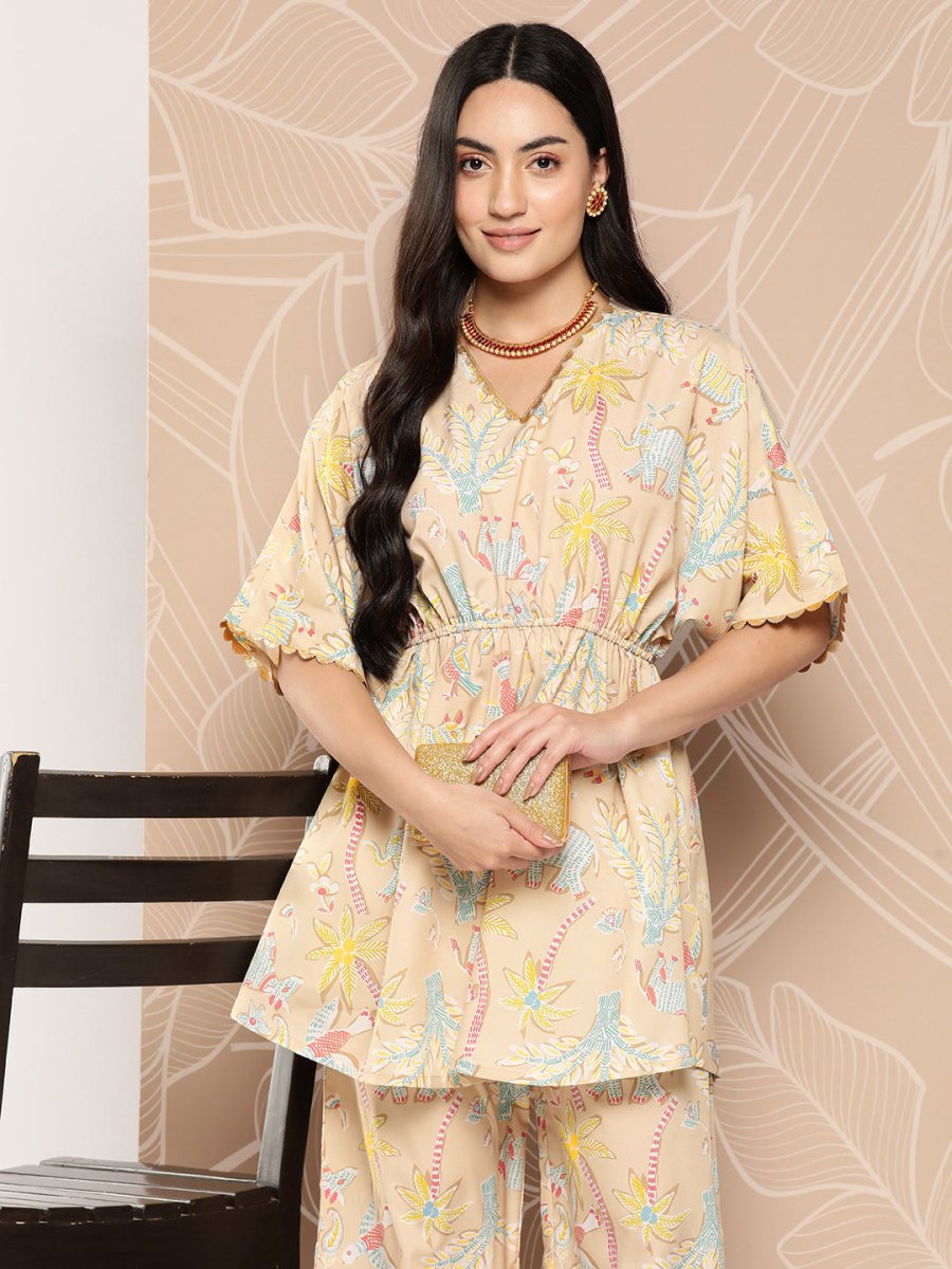 Ahalyaa Women Printed Crepe Tunic With Palazzos | Grocsy