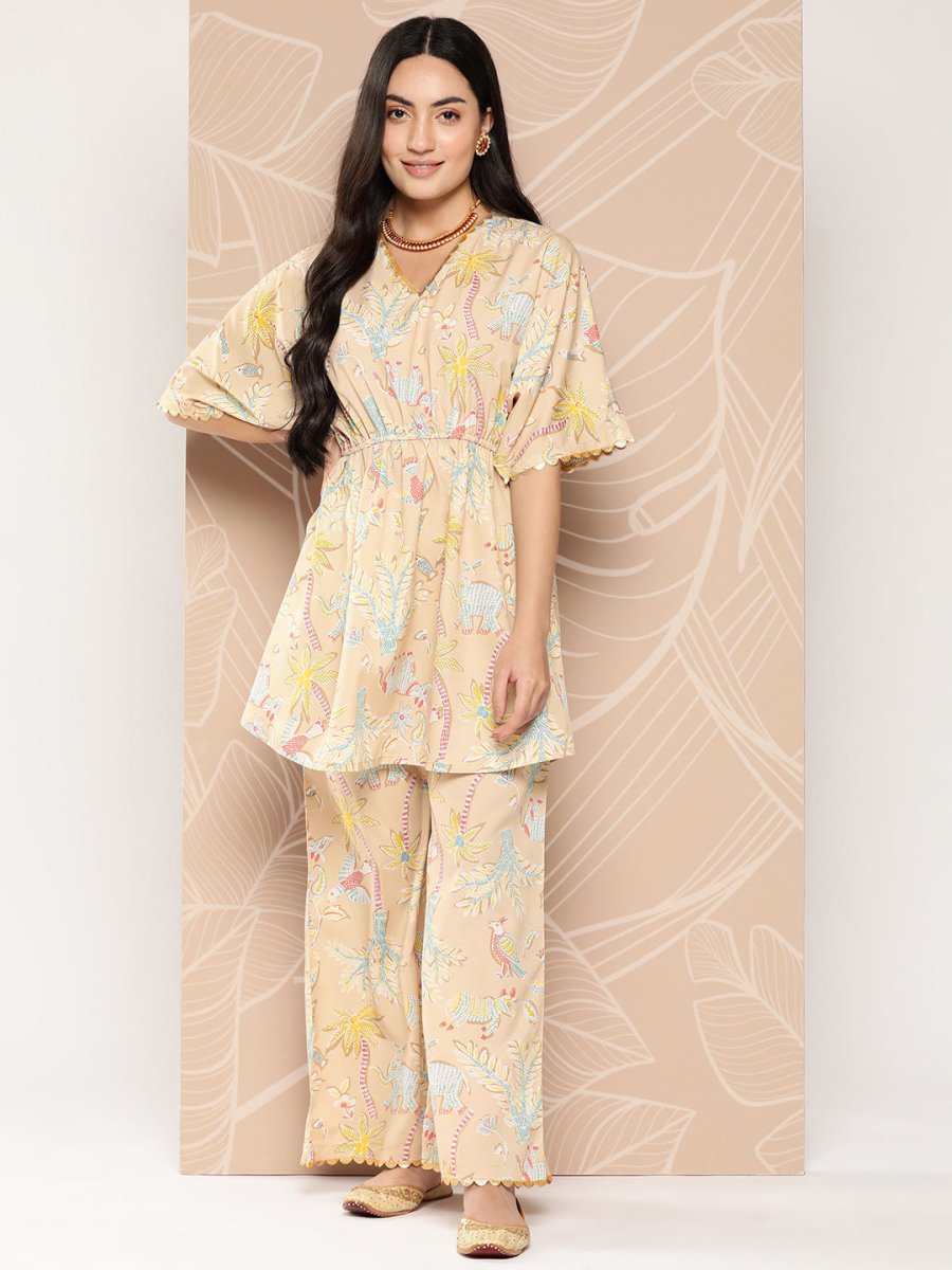 Ahalyaa Women Printed Crepe Tunic With Palazzos | Grocsy