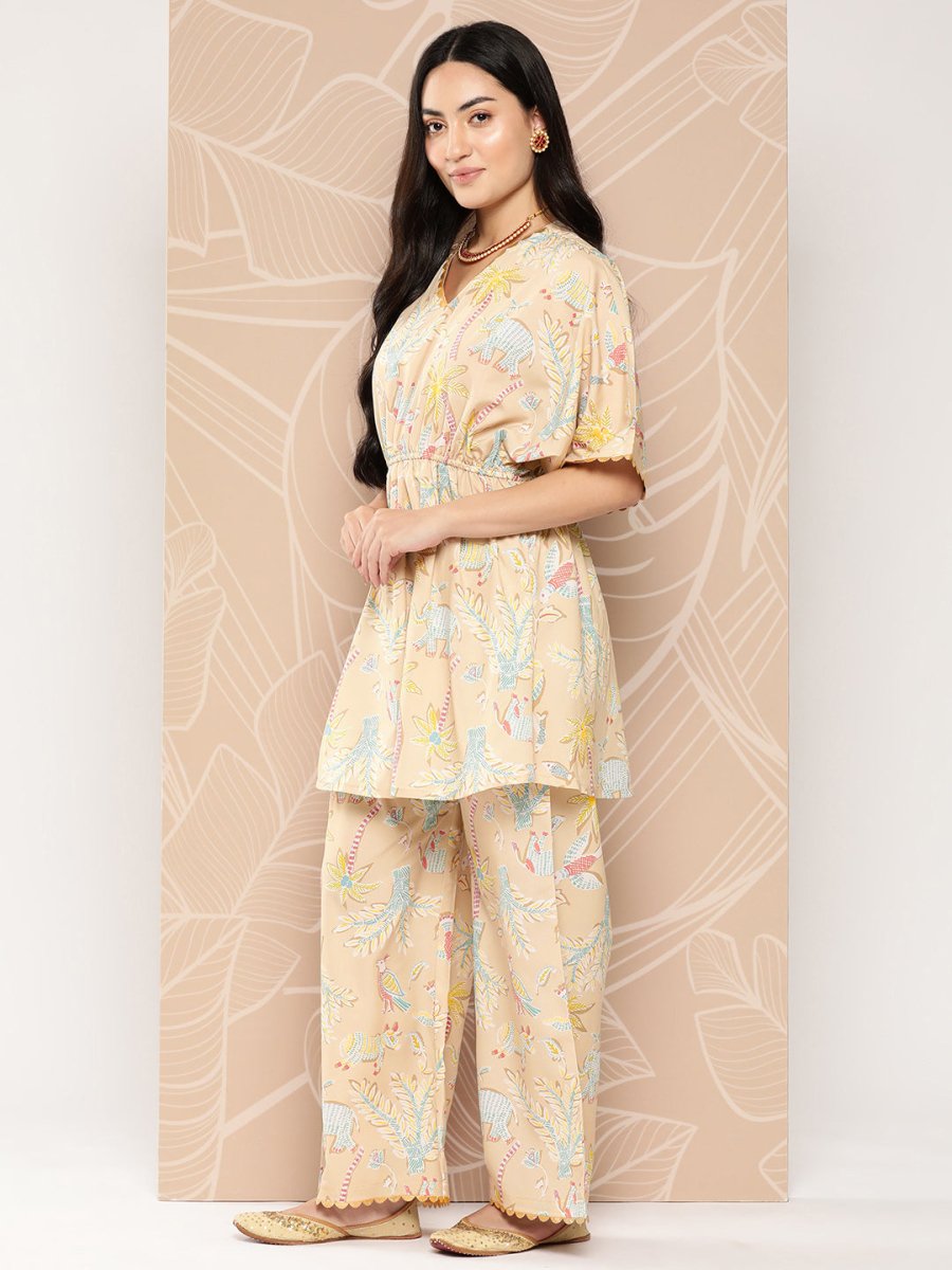 Ahalyaa Women Printed Crepe Tunic With Palazzos | Grocsy