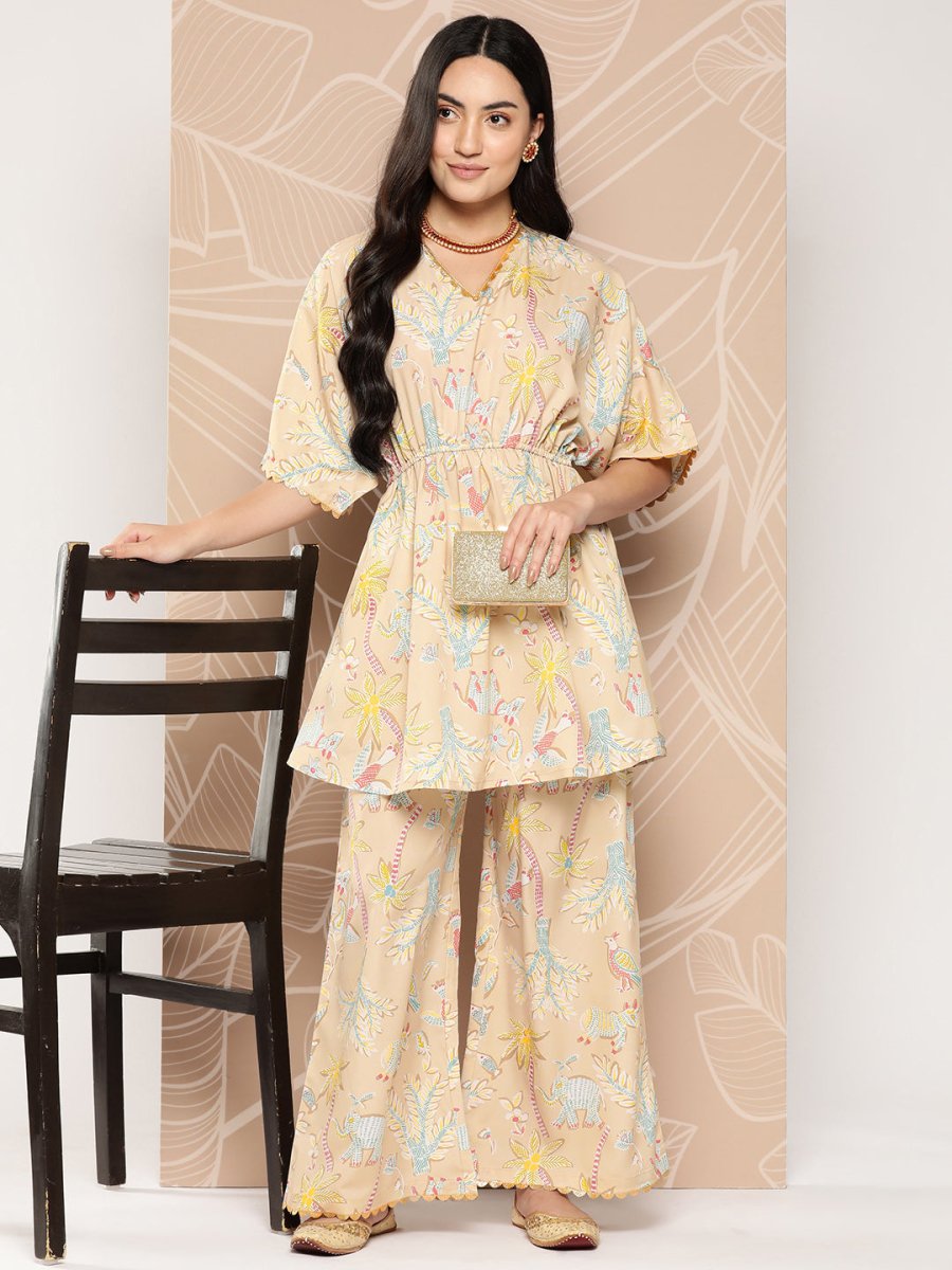Ahalyaa Women Printed Crepe Tunic With Palazzos | Grocsy