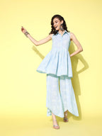 Ahalyaa Blue Pure Cotton Tunic & Palazzos Ethnic Co-Ords | Grocsy
