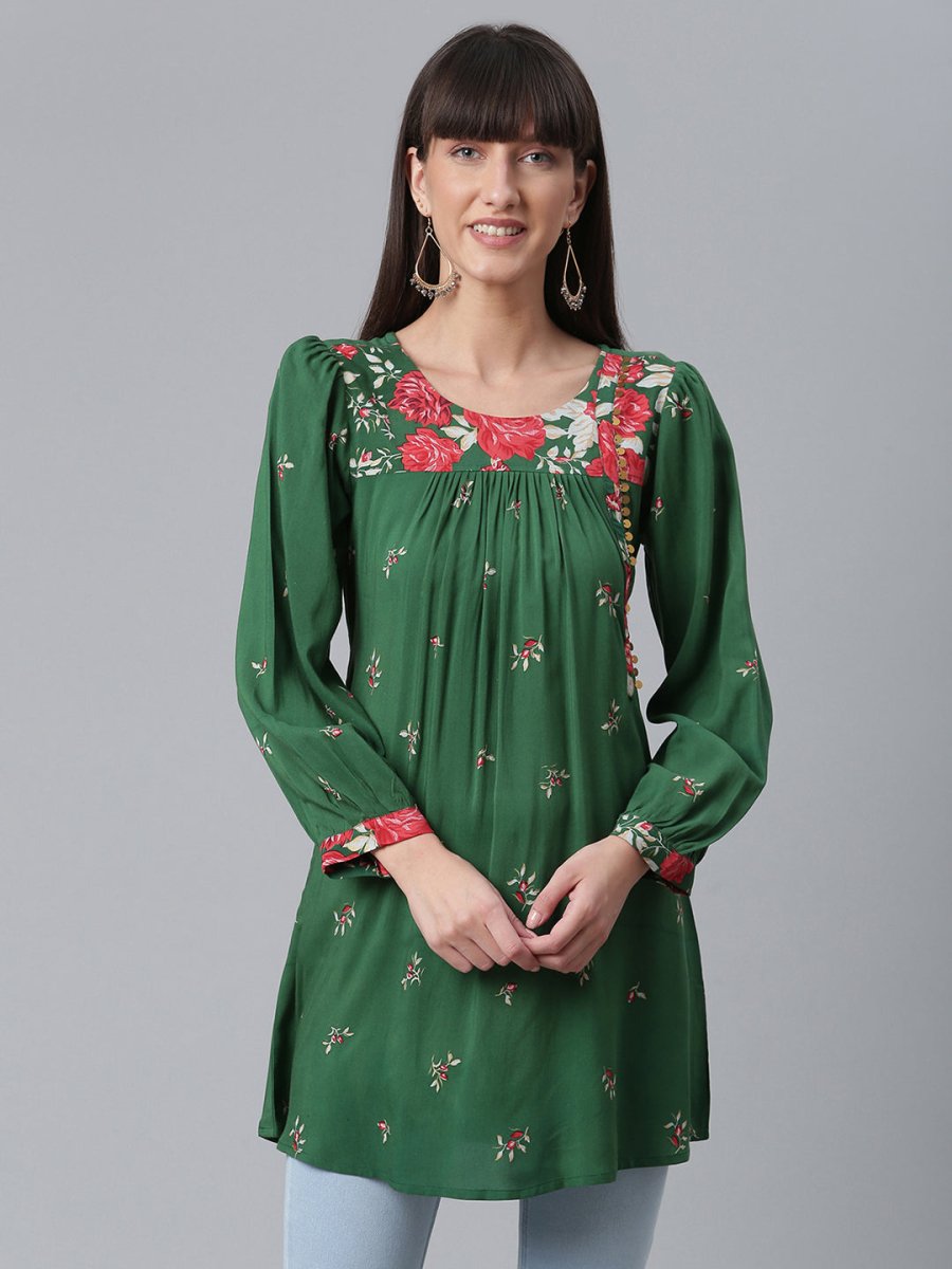 Ahalyaa Green & Pink Printed Tunic | Grocsy