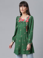 Ahalyaa Green & Pink Printed Tunic | Grocsy