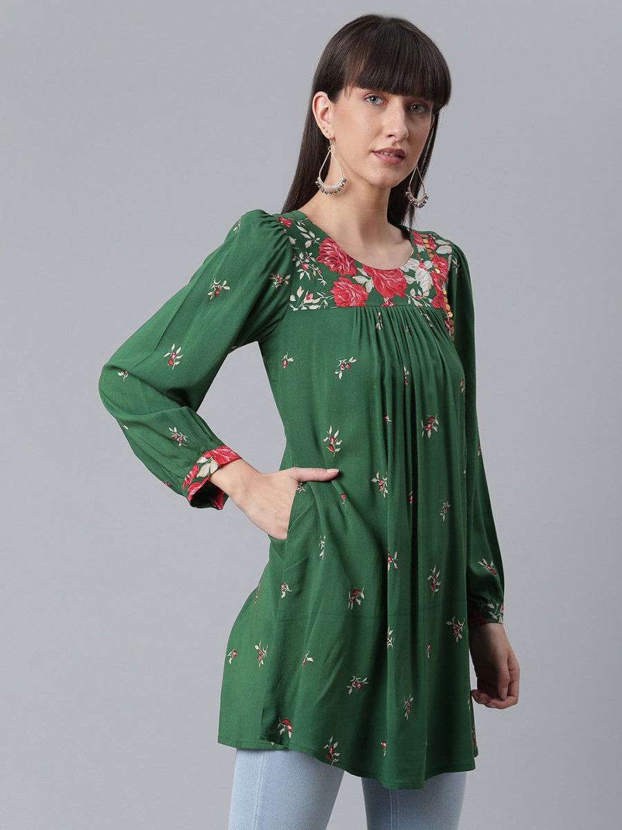 Ahalyaa Green & Pink Printed Tunic | Grocsy