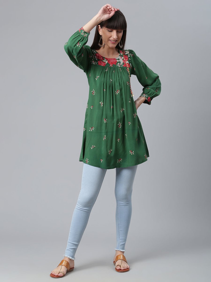 Ahalyaa Green & Pink Printed Tunic | Grocsy