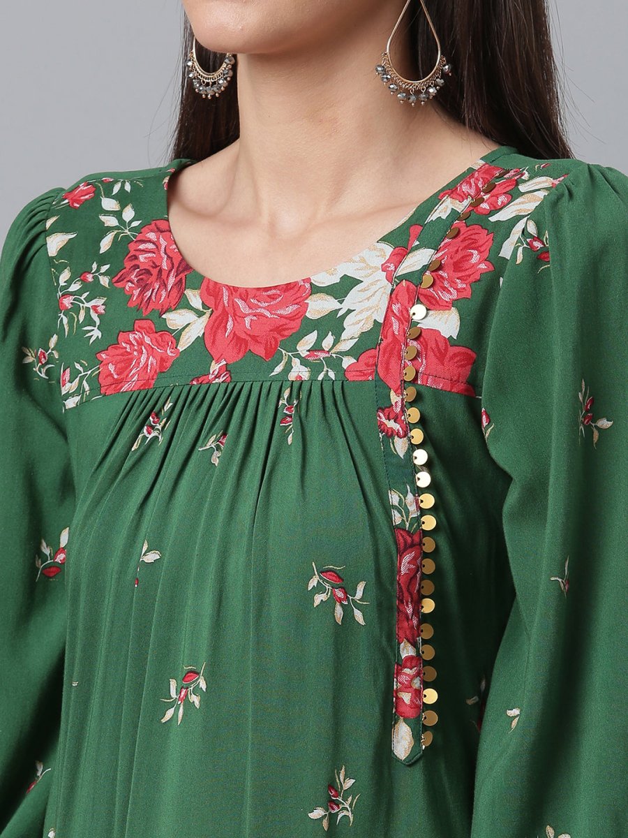 Ahalyaa Green & Pink Printed Tunic | Grocsy