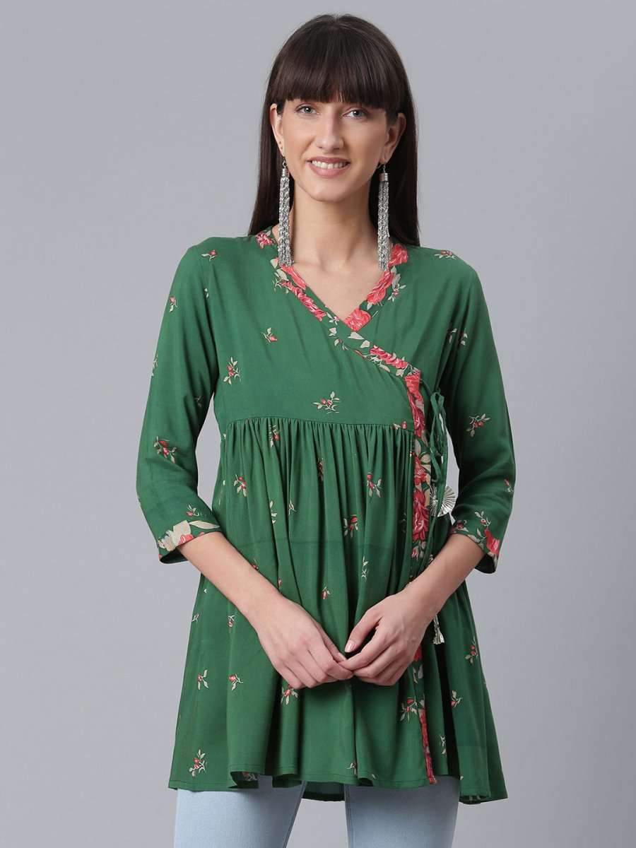 Ahalyaa Green & Pink Floral Printed Tunic | Grocsy