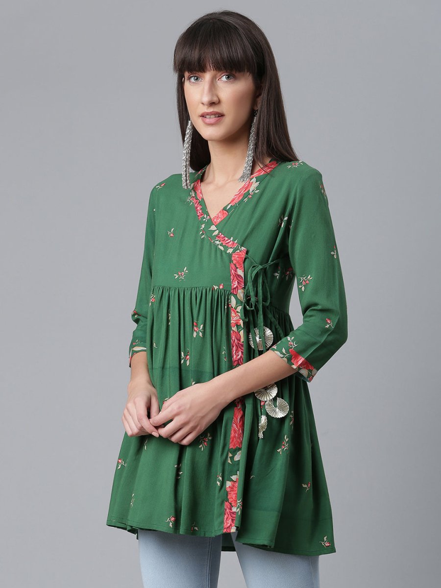 Ahalyaa Green & Pink Floral Printed Tunic | Grocsy