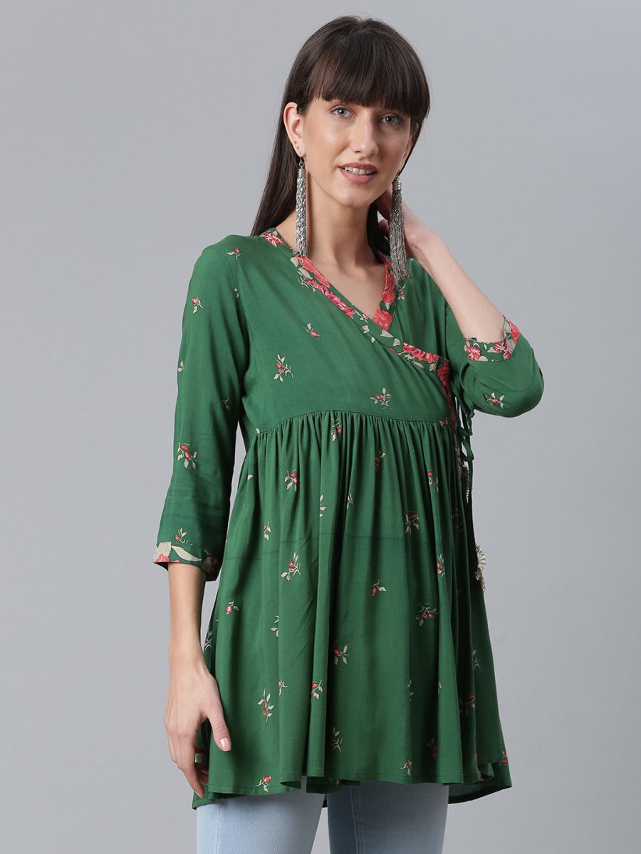 Ahalyaa Green & Pink Floral Printed Tunic | Grocsy