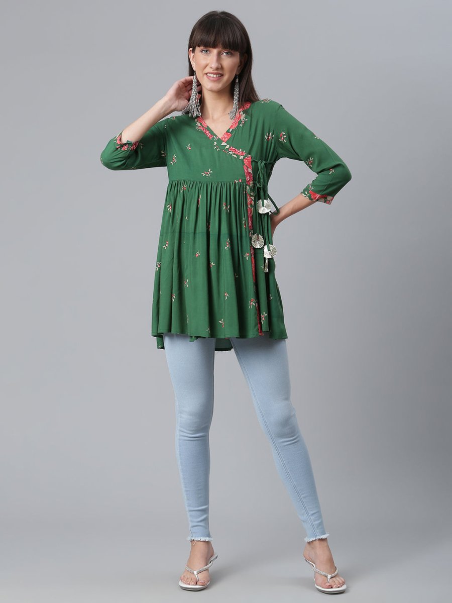 Ahalyaa Green & Pink Floral Printed Tunic | Grocsy