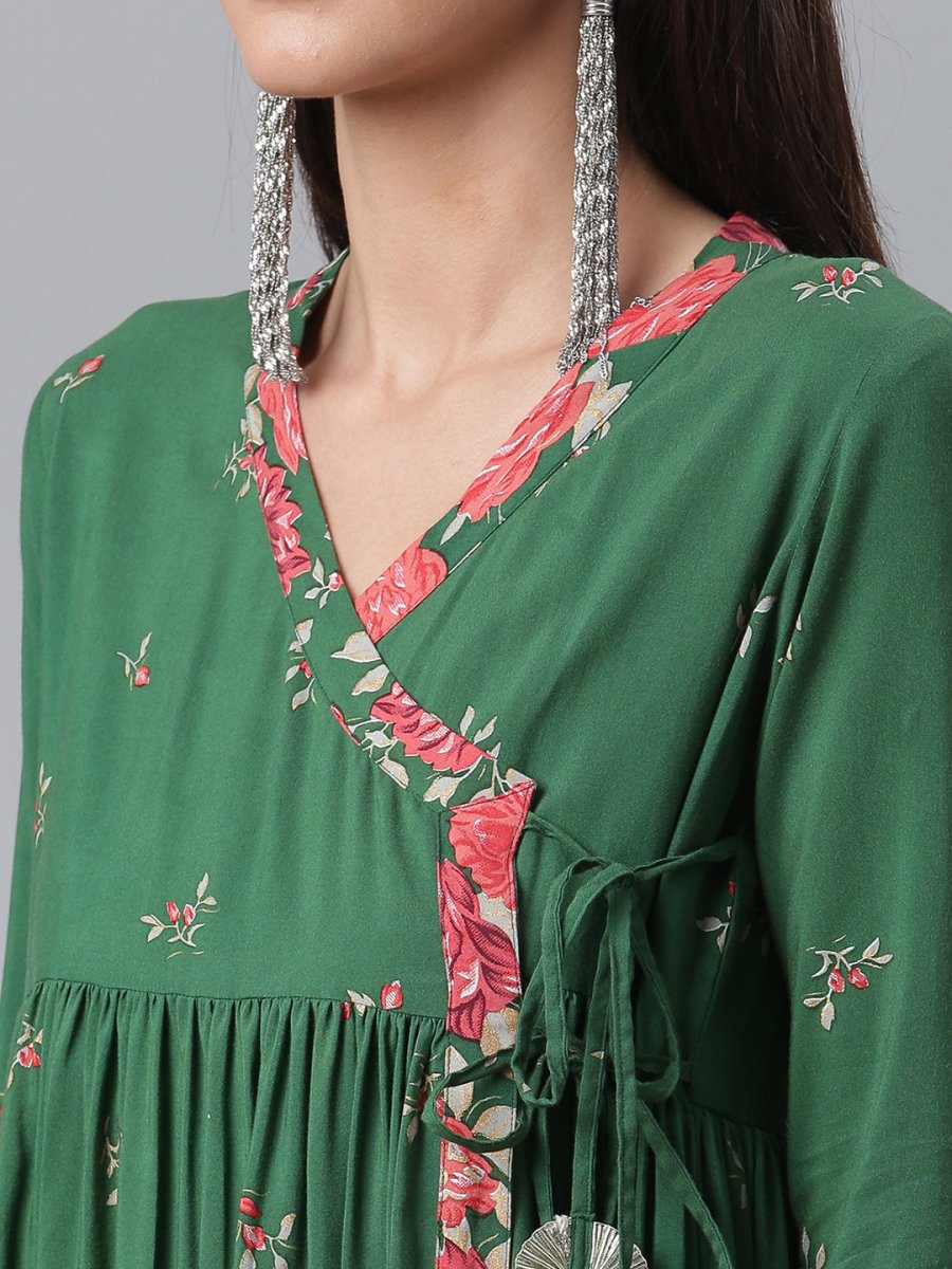Ahalyaa Green & Pink Floral Printed Tunic | Grocsy