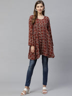 Ahalyaa Maroon & Beige Ethnic Printed Asymmetric Tunic | Grocsy