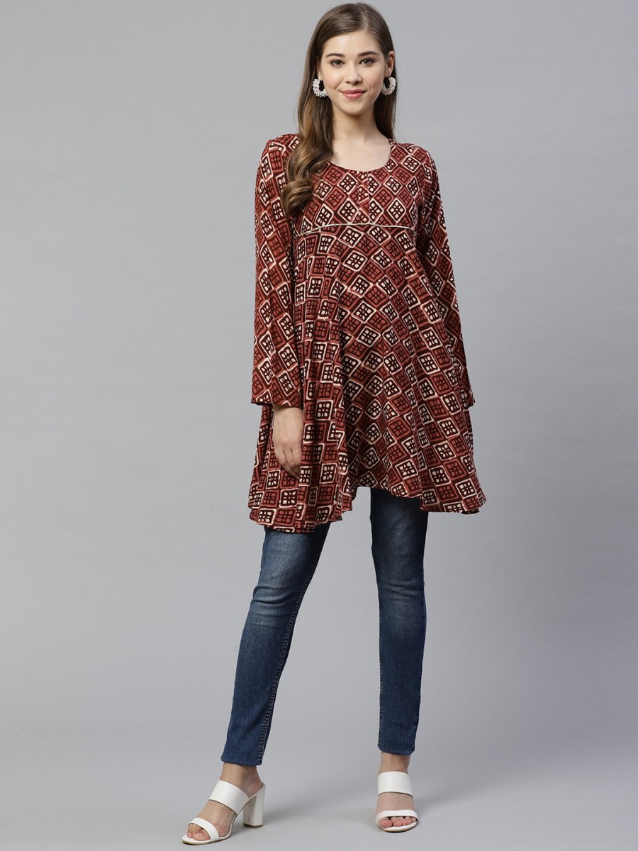 Ahalyaa Maroon & Beige Ethnic Printed Asymmetric Tunic | Grocsy