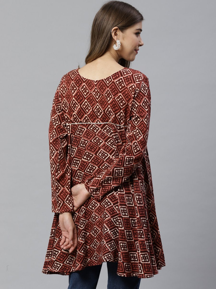 Ahalyaa Maroon & Beige Ethnic Printed Asymmetric Tunic | Grocsy