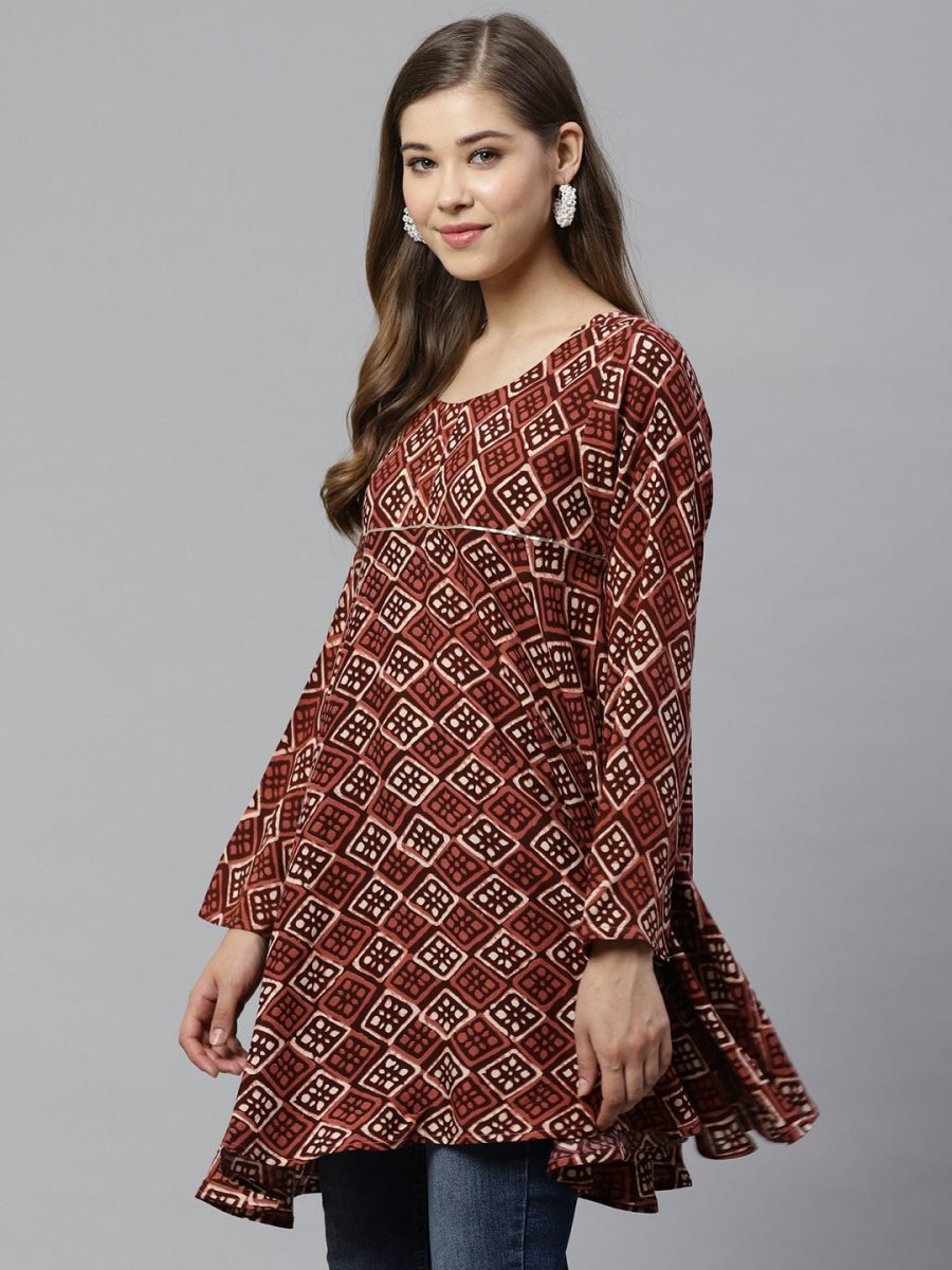 Ahalyaa Maroon & Beige Ethnic Printed Asymmetric Tunic | Grocsy