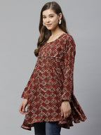 Ahalyaa Maroon & Beige Ethnic Printed Asymmetric Tunic | Grocsy