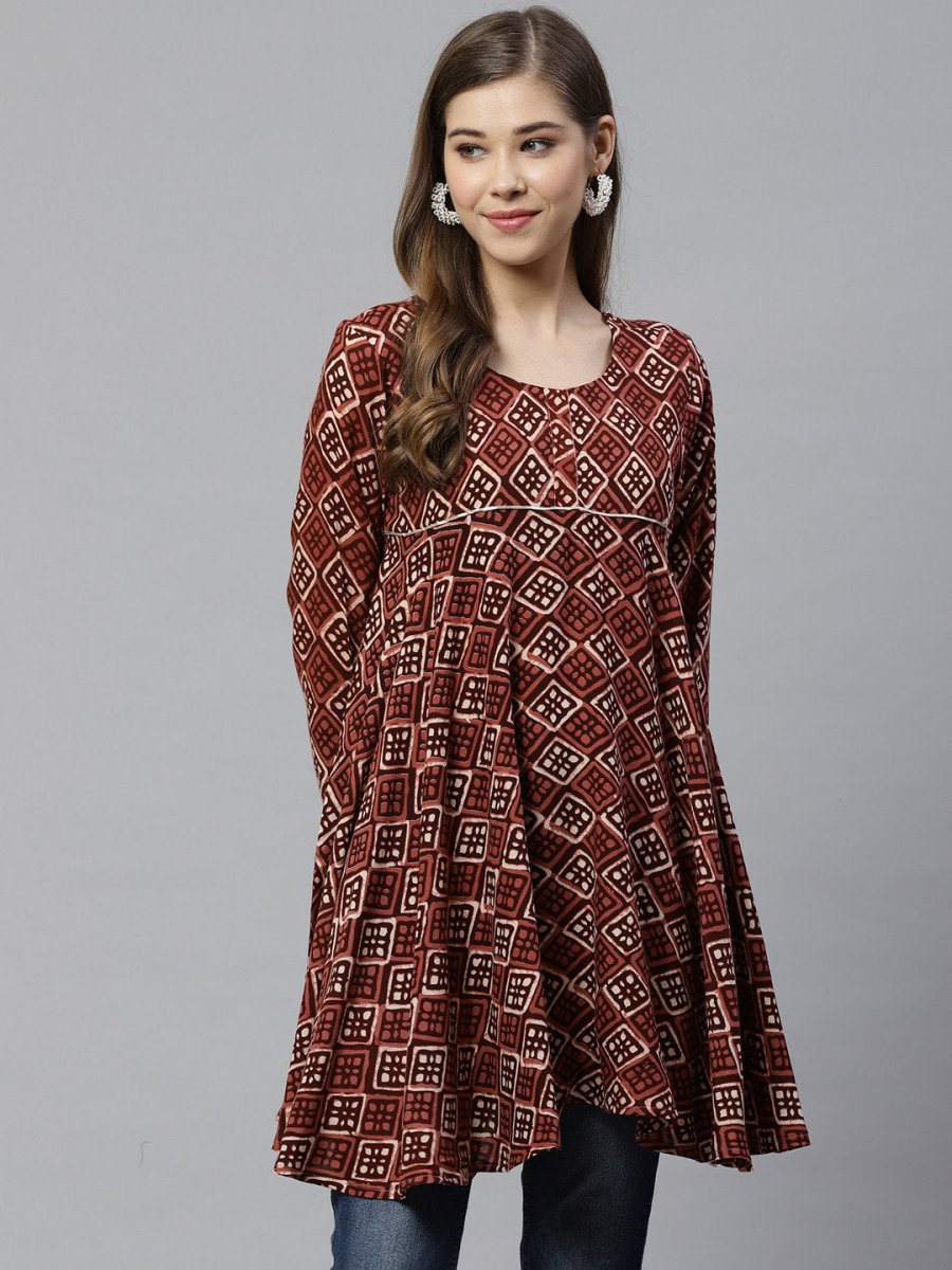Ahalyaa Maroon & Beige Ethnic Printed Asymmetric Tunic | Grocsy