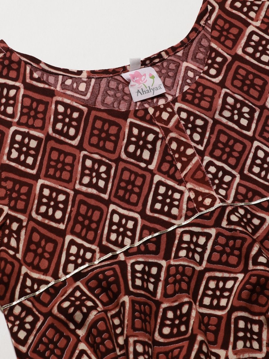 Ahalyaa Maroon & Beige Ethnic Printed Asymmetric Tunic | Grocsy