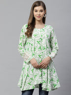 Ahalyaa White & Green Ethnic Printed Asymmetric Tunic | Grocsy