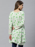 Ahalyaa White & Green Ethnic Printed Asymmetric Tunic | Grocsy