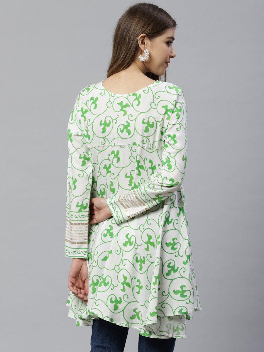 Ahalyaa White & Green Ethnic Printed Asymmetric Tunic | Grocsy