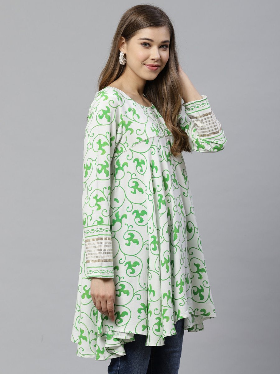 Ahalyaa White & Green Ethnic Printed Asymmetric Tunic | Grocsy
