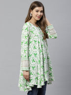 Ahalyaa White & Green Ethnic Printed Asymmetric Tunic | Grocsy