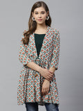 Ahalyaa White & Teal Green Ethnic Printed Waist Tie-Up Tunic | Grocsy