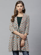 Ahalyaa White & Teal Green Ethnic Printed Waist Tie-Up Tunic | Grocsy