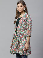 Ahalyaa White & Teal Green Ethnic Printed Waist Tie-Up Tunic | Grocsy